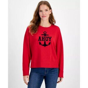 NWT Nautica Women's Ahoy Anchor Red Crewneck Sweatshirt Casual Cotton Nautical